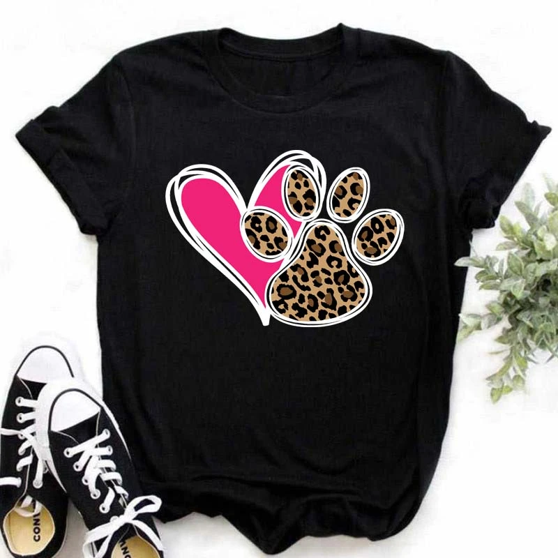 

FIXSYS Suitable All Seasons Tops Fashion Leopard Paws Print T Shirt Harajuku Women Fashion Short Sleeve T-shirt Black Tshirt