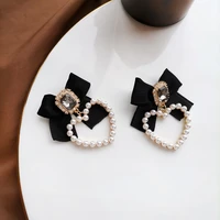 retro black bow stud earrings romantic heart pearl stud earrings girl students daily match birthday party jewelry