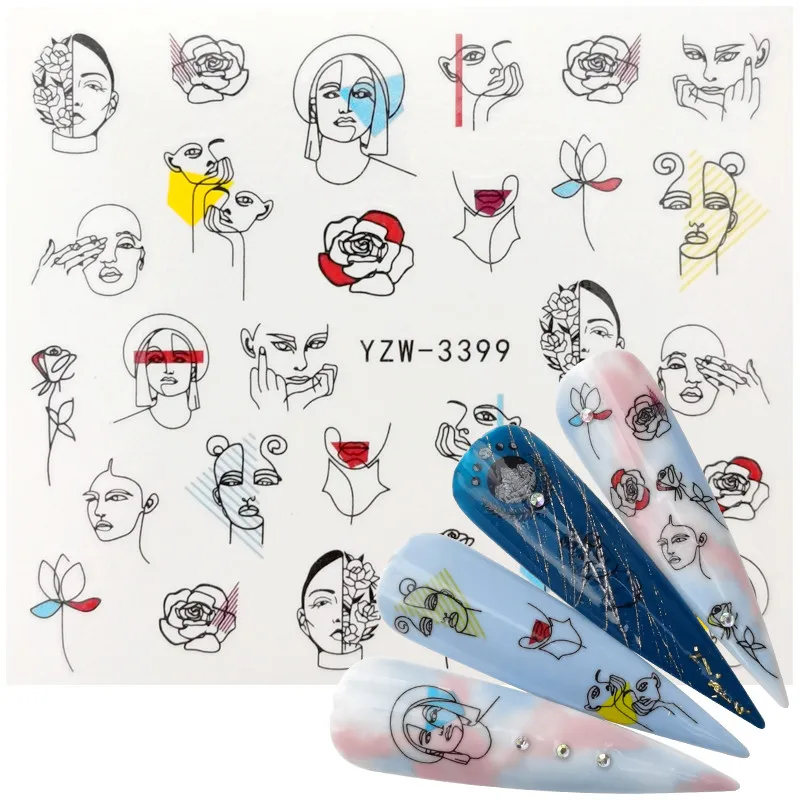 

2022 New Designs Black Line Coloful Abstract Image Nail Sticker Decals Sexy Girl Water Transfer Slider For Nails Art