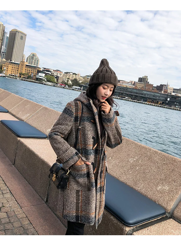 

Plaid Coat Women's Mid-Length Winter New Horn Button Korean Style Student Loose Thick Hepburn Style Woolen Coat Wool Coat Women