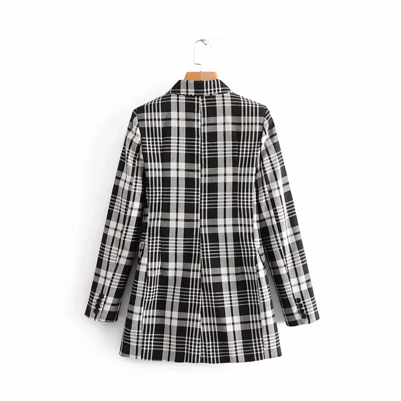 Женский Классический Длинный блейзер в клетку черно-белый двубортный с длинным