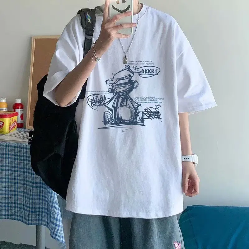 

Men's Summer Short-Sleeved T-shirt Korean Trendy Loose Student T-shirts Handsome Leisure Pure Cotton Printed Cartoon T-shirt