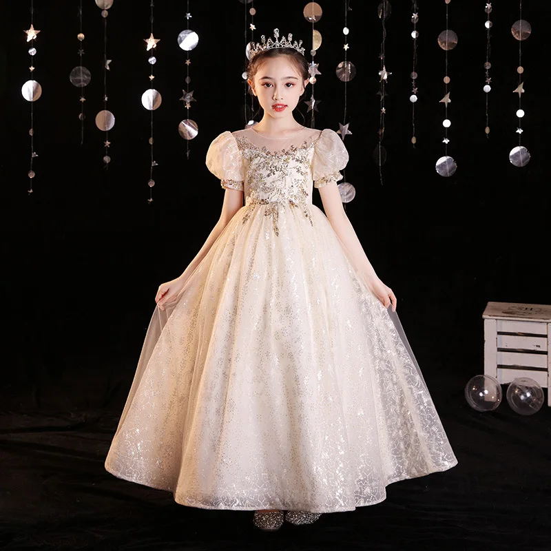 2023 Princess Sequined Long Dress for Teens Girl Infant Girls Floral Print Tulle Dresses Child Elegant Formal Party Ball Gowns