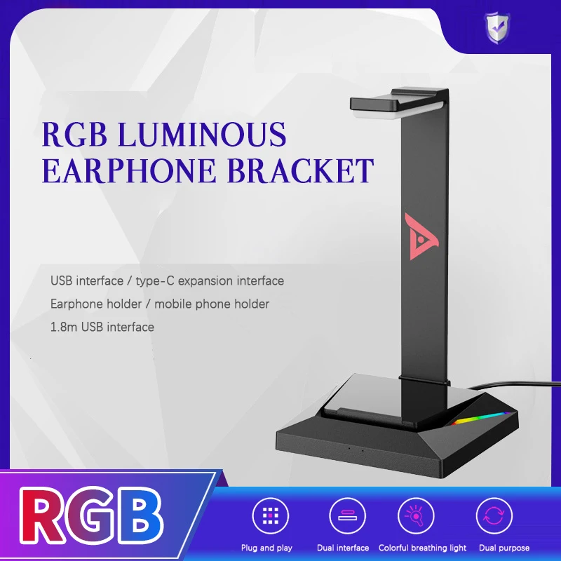 

1 Pc RGB Headphone Stand RGB Gaming Headset Desk Bracket Phone Holder With USB/Type-C Charger Ports Earphone Accessories