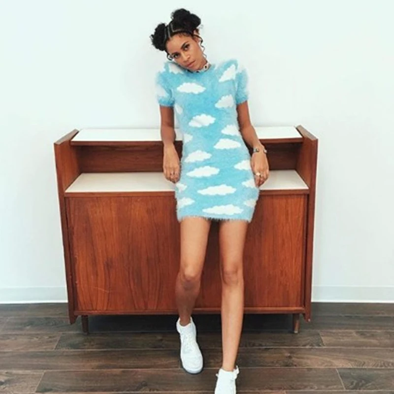 2020 г. Весна-осень свитер для молодых девушек небо и облако мини-платье модное