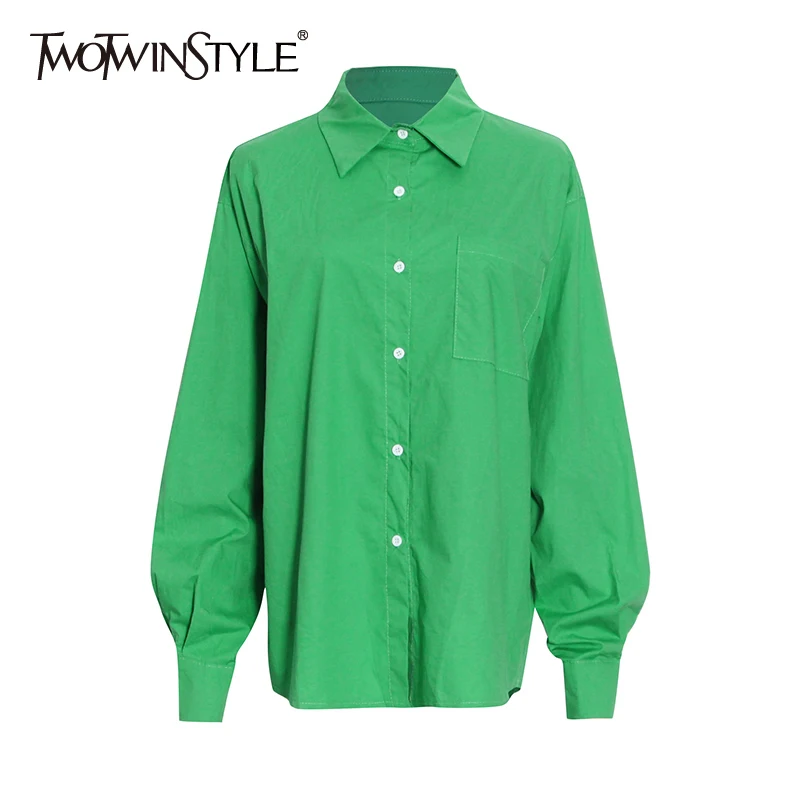 

Женская рубашка с длинным рукавом TWOTWINSTYLE, однотонная свободная повседневная рубашка с отложным воротником, новинка 2021