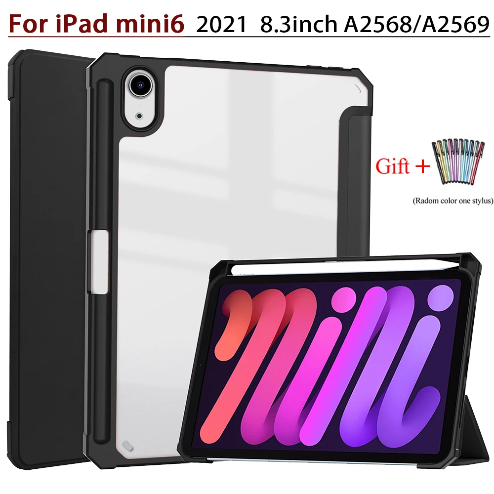 

2021 Case for Ipad Mini6 8.3inch A2568/A2569 Cover,Tri-fold Smart Leather Stand Case +TPU Acrylic Back Shell with Pen Slot Funda