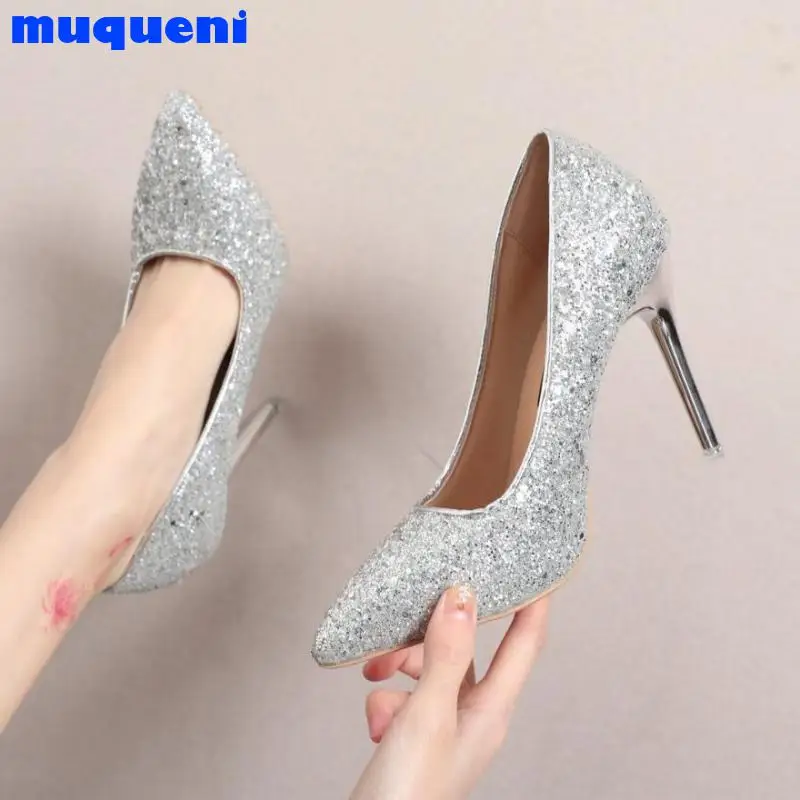 

2021 Women 9.5cm High Heels Plus Size 43 Stripper Glitter Scarpins Luxury Pumps Stiletto Wedding Bridal Gold Silver Fetish Shoes