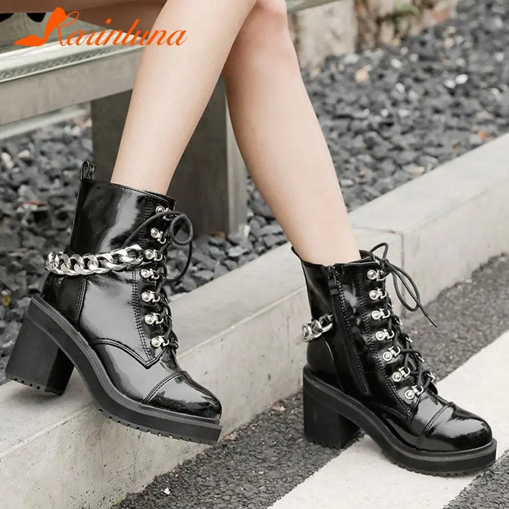 

Женские ботильоны с перекрестной шнуровкой Karinluna, однотонные ботильоны на платформе и квадратном каблуке, с круглым носком, на молнии