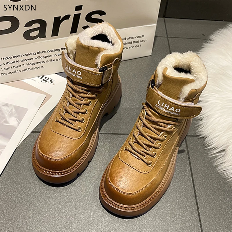 

SYNXDN Women Snow Boots Plush Winter Lace Up Leather Platform Round Toe 2022 Women Shoes Comfortable