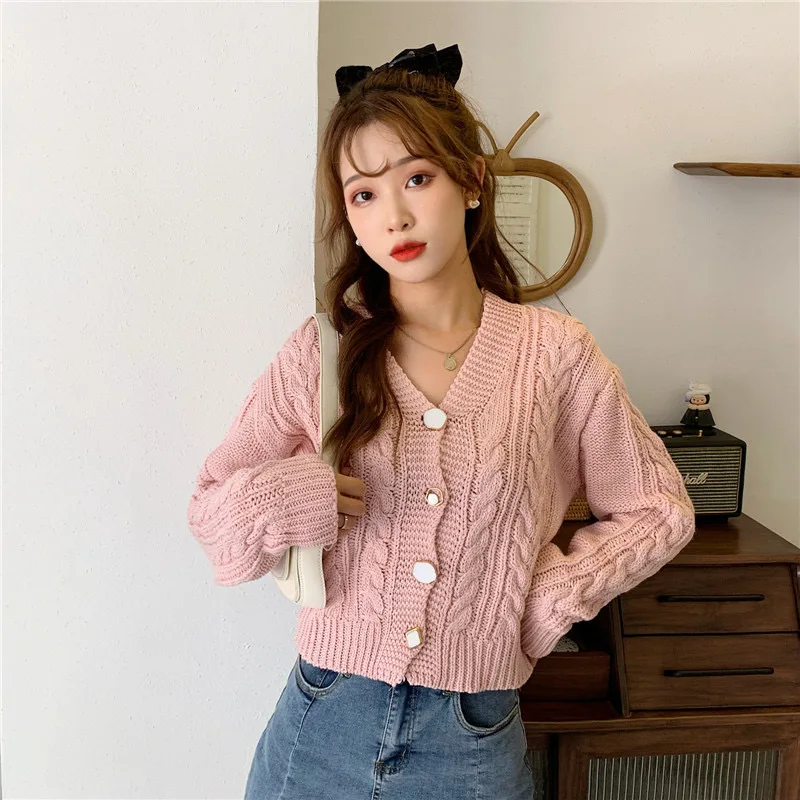 

Vintage Cropped Knitted Cardigan Coat Women Clothing Autumn Short Sweaters V-neck Jacket 2020 Chunky Cardigans Sweater Outwear