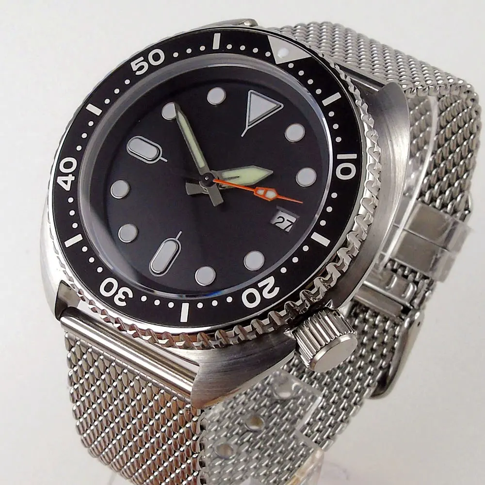 

Business 45mm Men Watch 24 Jewels NH35A Automatic Wristwatch Rotating Bezel Green Luminous Dial Hand Mesh Bracelet