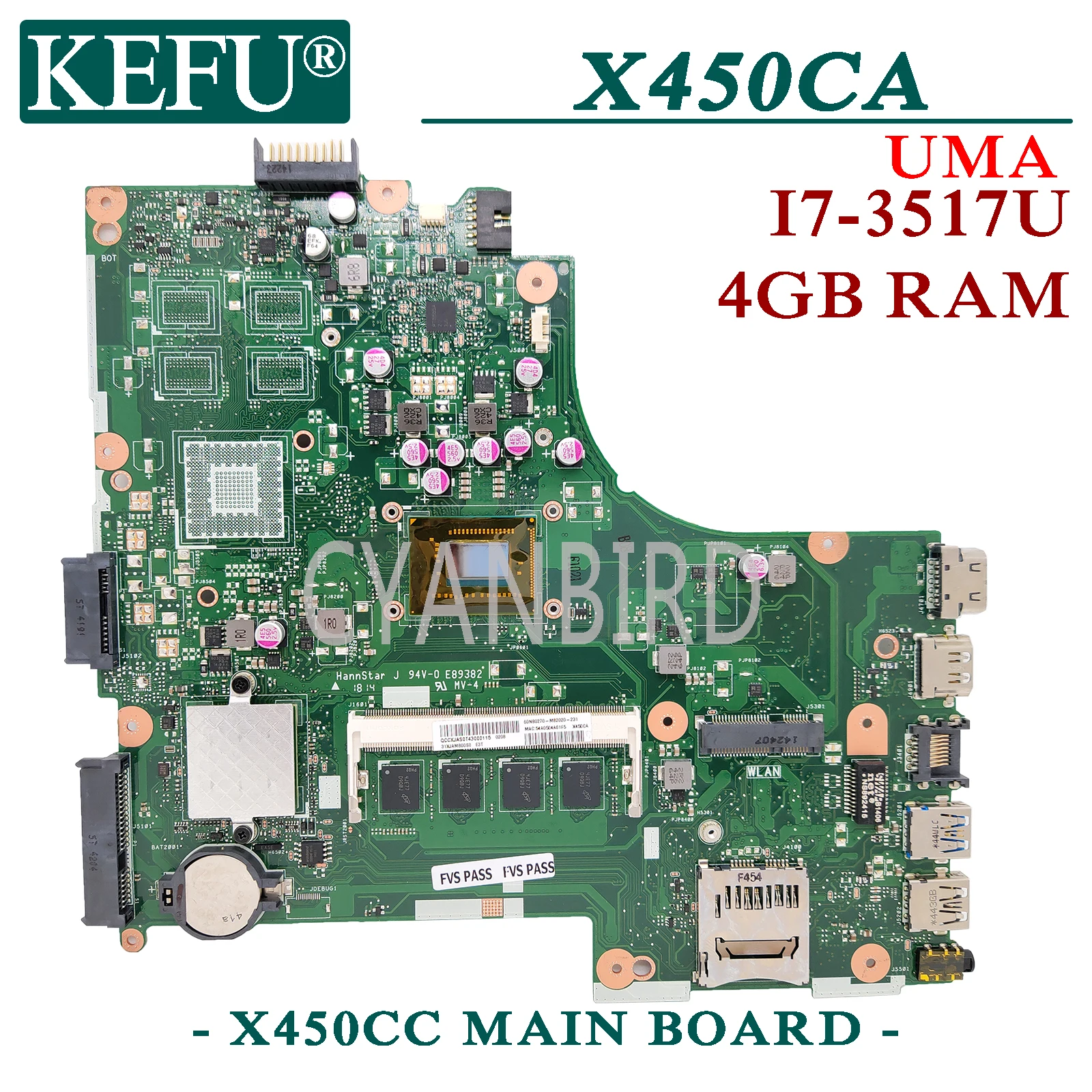 

KEFU X450CC original mainboard for ASUS X450CA X450C with 4GB-RAM I7-3517U Laptop motherboard