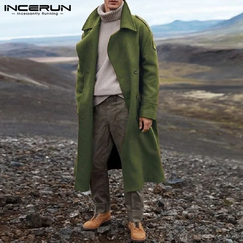 

Man Vintage Double Breasted Faux Fleece Blends INCERUN Mens Coats Long Sleeve Lapel Trench Winter Solid Color Overcoats S-5XL 7
