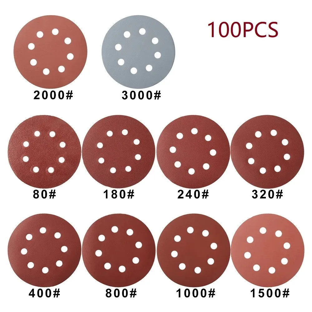 

100Pcs 5in 8Hole 80-3000Grit Sandpaper Hook Loop Sanding Paper Andpaper Sanding Discs Abrasives Tools