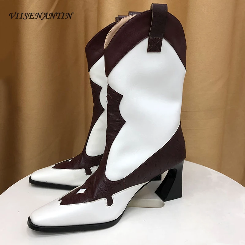 

Модные ботинки на высоком каблуке, Осень-зима 2021, подходящие цвета в форме тубы с квадратным носком, ретро, V-образный вырез, ковбойские рыцар...