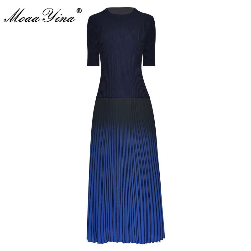 

Женский трикотажный костюм MoaaYina, свитер с коротким рукавом и плиссированная юбка, элегантный весенний комплект из двух предметов