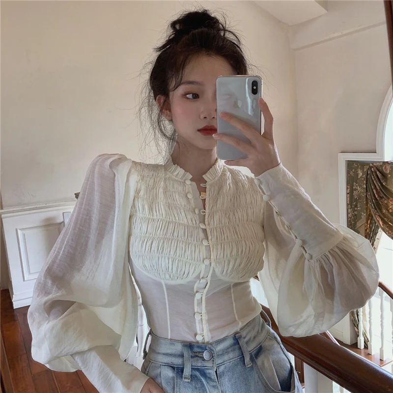 plus size blouses Original Design French Long Sleeve Short Women Front Buttons Blouse Retro Slim Shirt Female Korea Women Clothing long sleeve blouse
