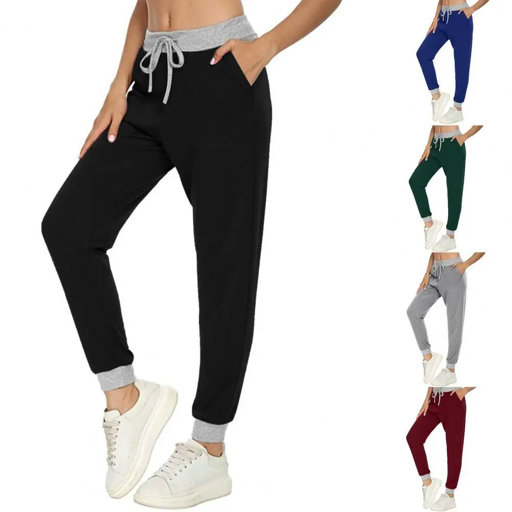 

Patchwork Trousers Elastic Waist Ankle Tied Long Sweatpants for Fitness