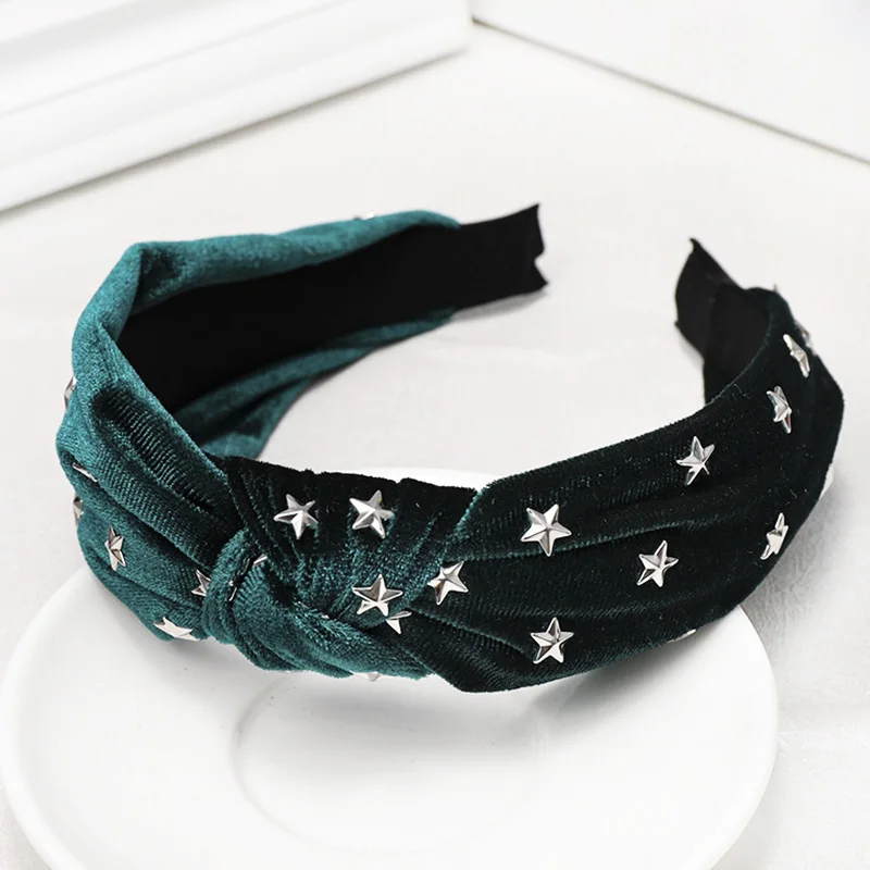 dark green 12 шт. Корейская звезда Шипованная бархатная повязка на голову для женщин головной одежда ретро Топ обруч с бантиком зимний для волос украшения - Цвет: dark green