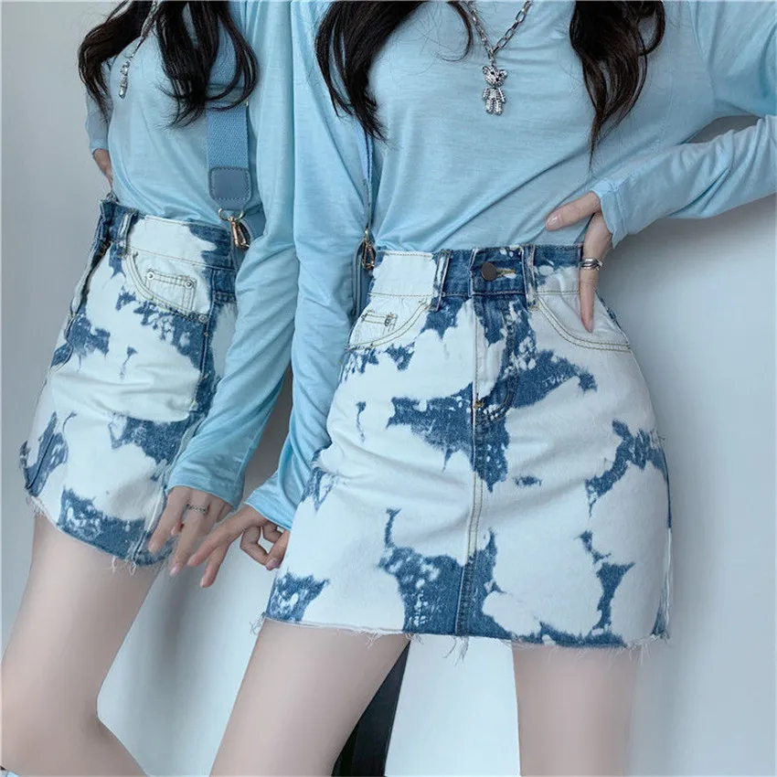 

Korean Style Tie Dye Denim Skirt Women Summer High Waist A- Line Jean Skirt Streetwear Mini Skirt