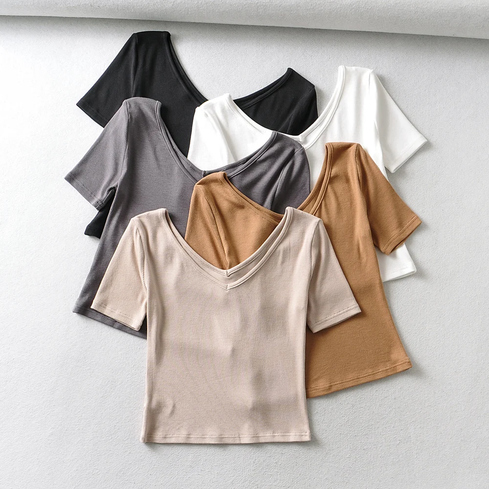 

Женская трикотажная футболка BRADELY MICHELLE, однотонная Повседневная футболка с V-образным вырезом спереди и сзади, с коротким рукавом, весна 2021