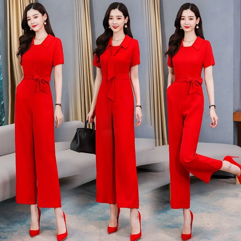 

Комбинезон женский шифоновый однотонный, с коротким рукавом, с высокой талией, свободный, с широкими штанинами, лето 2021, Y674