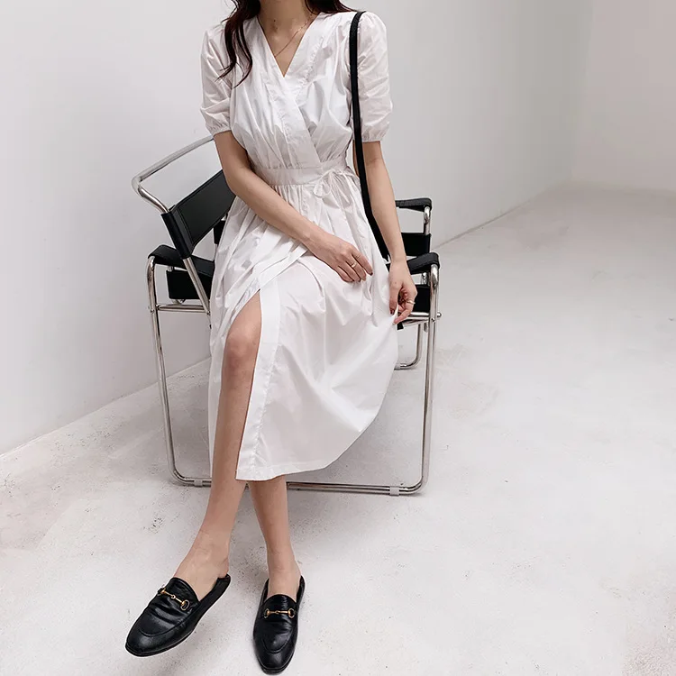 

2020 New Elegant Casual Dress Women Loose High Waist V-Neck A-Line Dress OL Style Lace-up Dress Solid Vestidos Femme Streetwear
