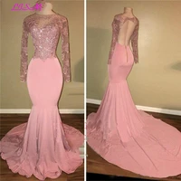 long sleeves evening dresses lace appliques mermaid party dress sexy backless beaded formal gowns 2020