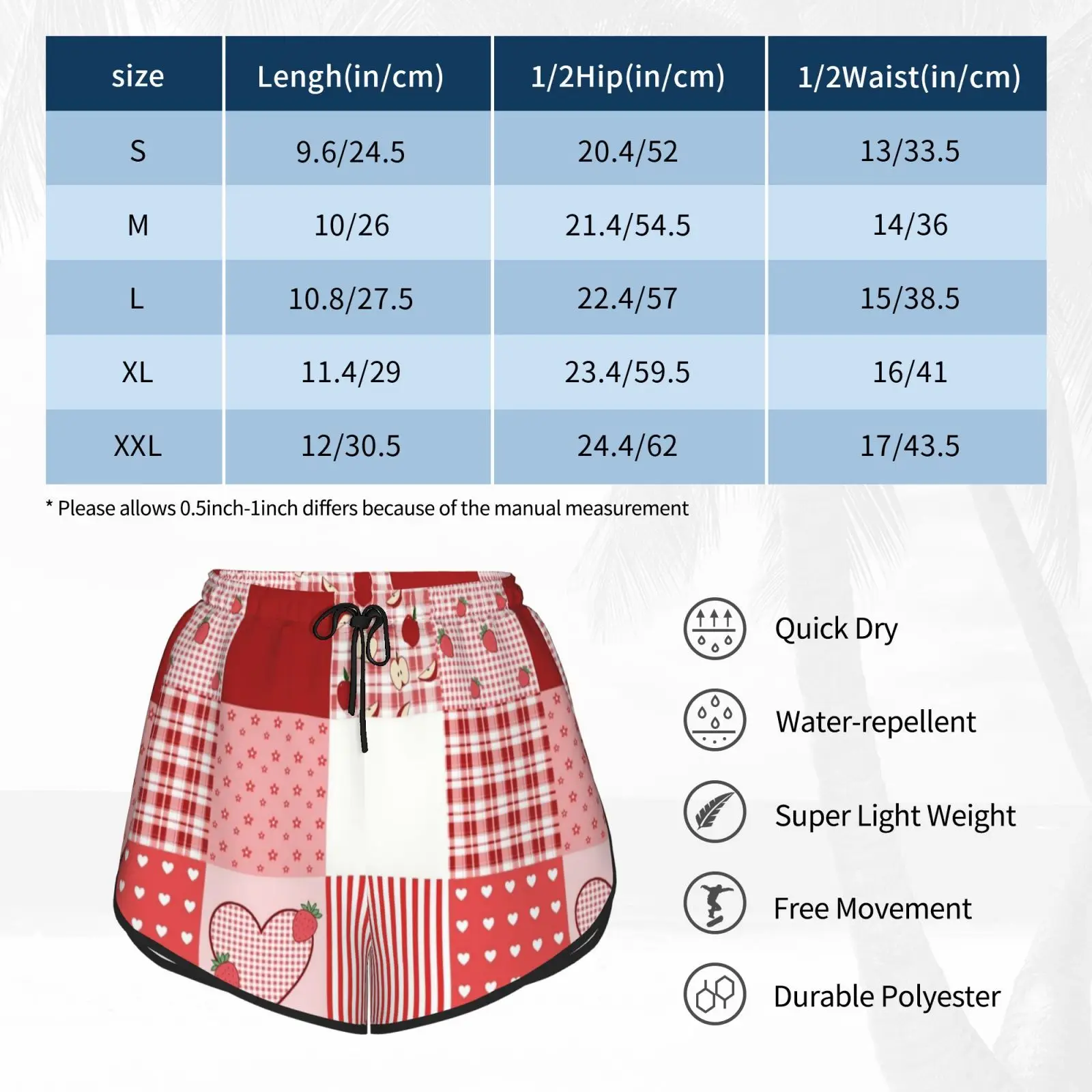 

Valentine's Red And White Patchwork Swim Shorts Quick Dry Women Beach Short Patchwork Mock Quilt Valentines Day Romance