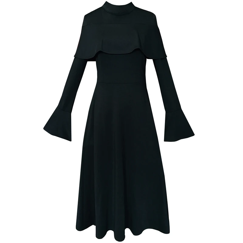 

PERHAPS U Black Vintage Elegant Ruffle Empire Stand Collar Flare-Sleeve Long-Sleeve Midi Dress Autumn Winter D2053