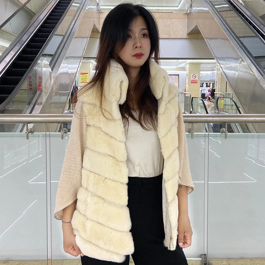 

Fur Coat Women Real Rex Rabbit Fur Jacket Fashion Bat Type Wool Blends Sleeve Outwear Female Casual Overcoat