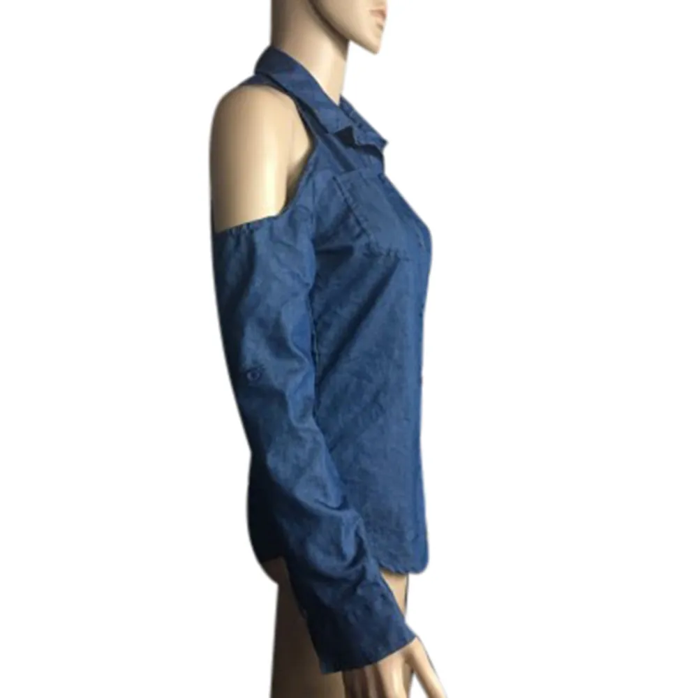 denim shirt Women Off Shoulder Blue Jeans Cotton Denim Long Sleeve Shirt Tops Blouse d90813 | Женская одежда