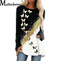 womens oversized pullover autumn t shirt casual o neck long sleeve butterfly print color contrast ladies t shirt tops