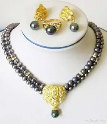 Горячая Бесплатная 2 ряда подлинный черный жемчуг позолоченный кристалл кулон