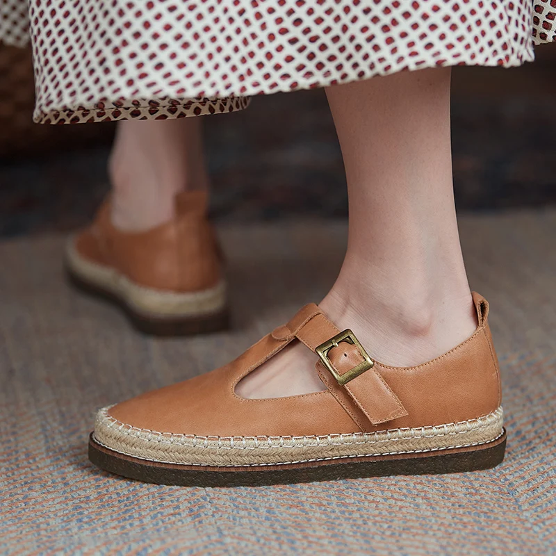 

2021 flats Genuine Leather slip on straw thick bottom women shoes round toe brand platform office lady casual spring shoe