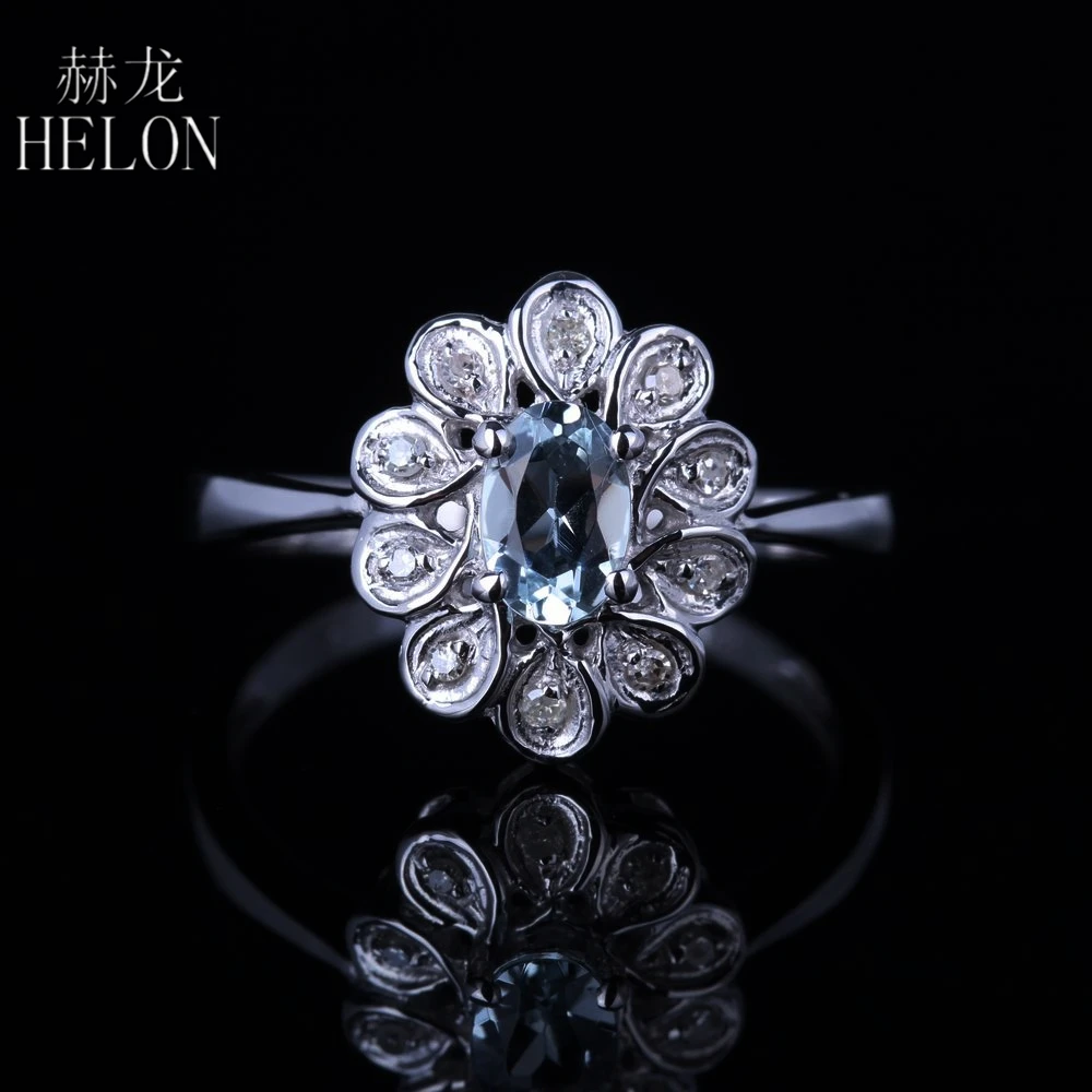 

HELON Solid 14K White Gold AU585 Flawless Oval Natural Aquamarine Diamonds Engagement Wedding Gemstone Ring Women Fine Jewelry