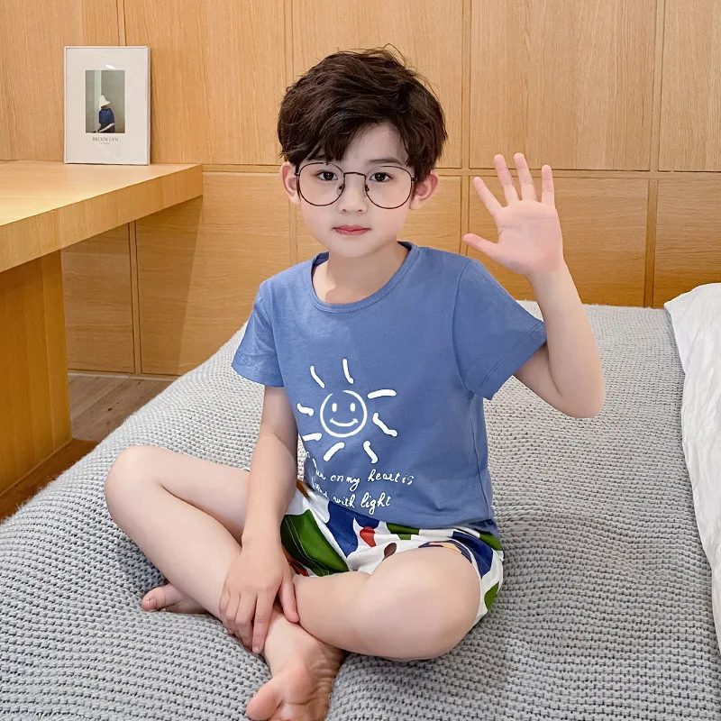 

2 Piece/Set Summer Boys Pyjamas Children Soft Cotton Short Sleeve Thin Tops And Shorts Kids Night Sleepwear Home Clothes