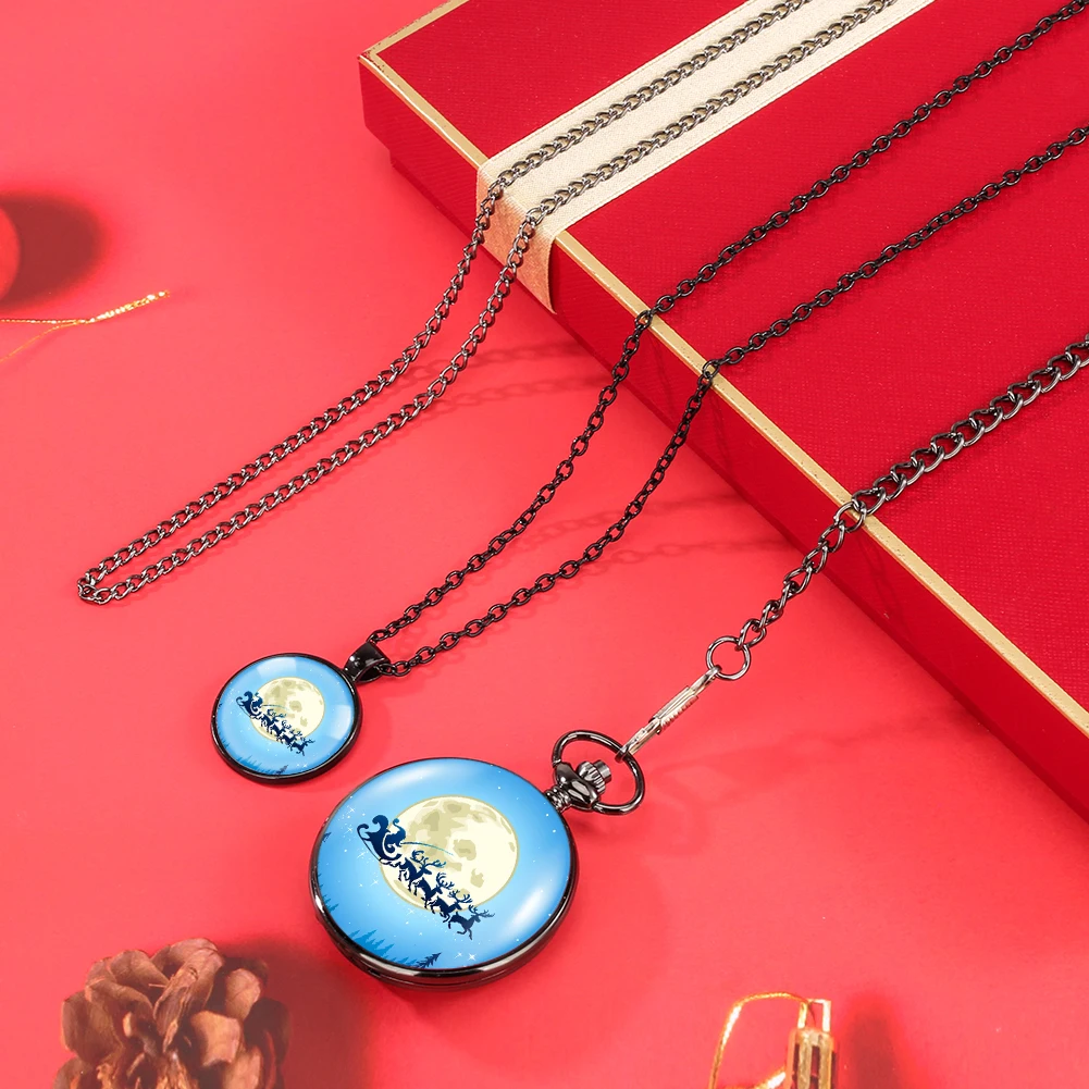 Christmas Eve Pocket Watch Set Quartz Black Pocket Clock Arabic Numerals Dial Pendant Alloy Necklace Gift Box for Son Daughter
