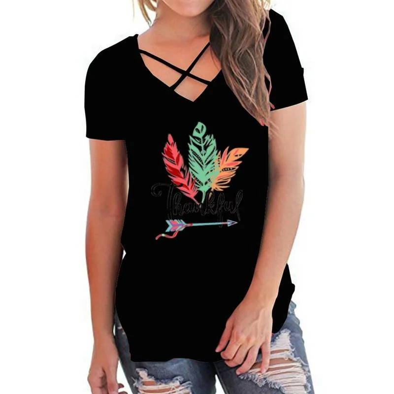 

Womens Short Sleeve Feather Printed Criss Cross V Neck T Shirt Tops Loose Summer