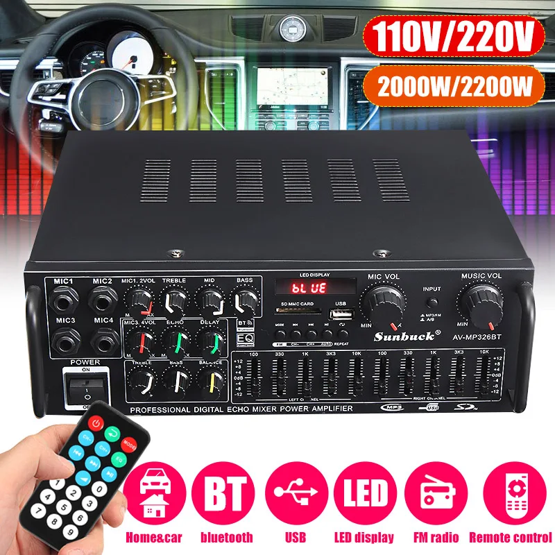 

Hi-Fi усилитель, 2,0 каналов, 2000 Вт, 326BT DC 12 В/220 В
