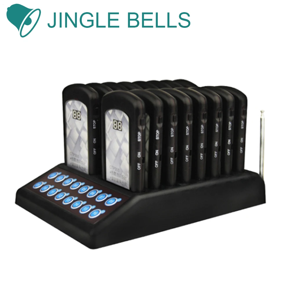 JINGLE BELLS 433.92MHz Vibrating Coaster Wireless Queueing Paging System 16 Pagers 1 Keypad Transmitter Guest Buzzers