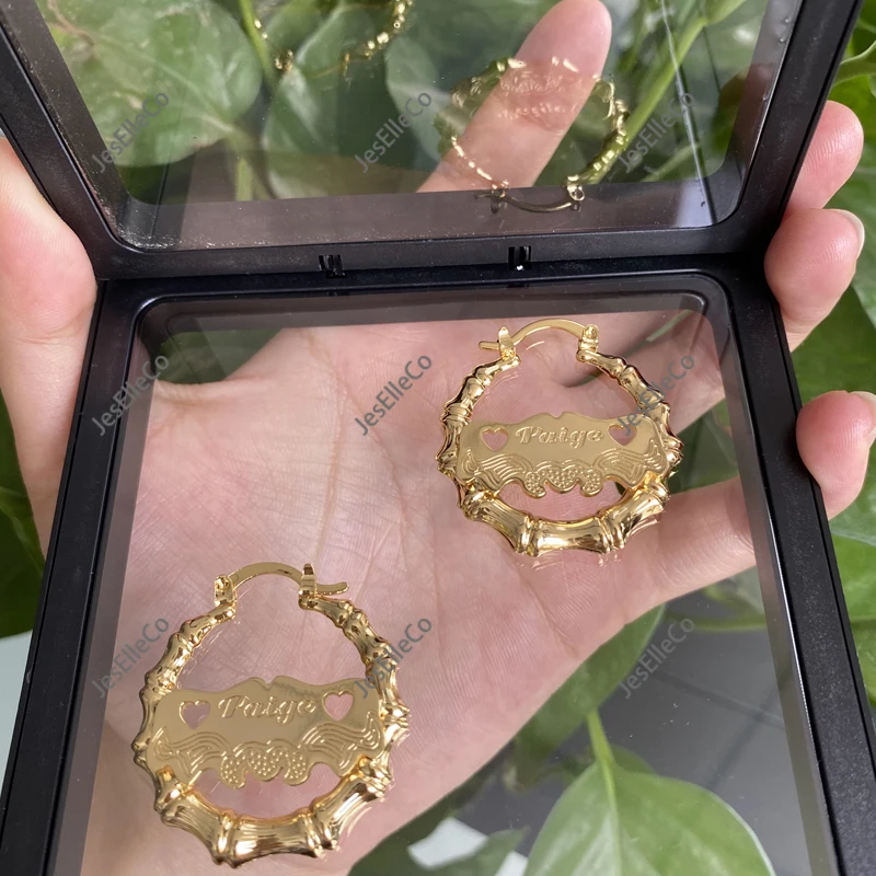 Серьги-кольца из бамбука с именем на заказ обручи под подарок день матери для