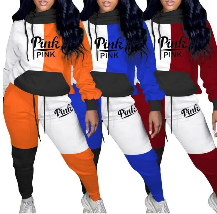 

Spring Autumn women clothing Mosaic letter hooded two piece set outfits tracksuit long sleeve hoodies tops+pant jogging femme