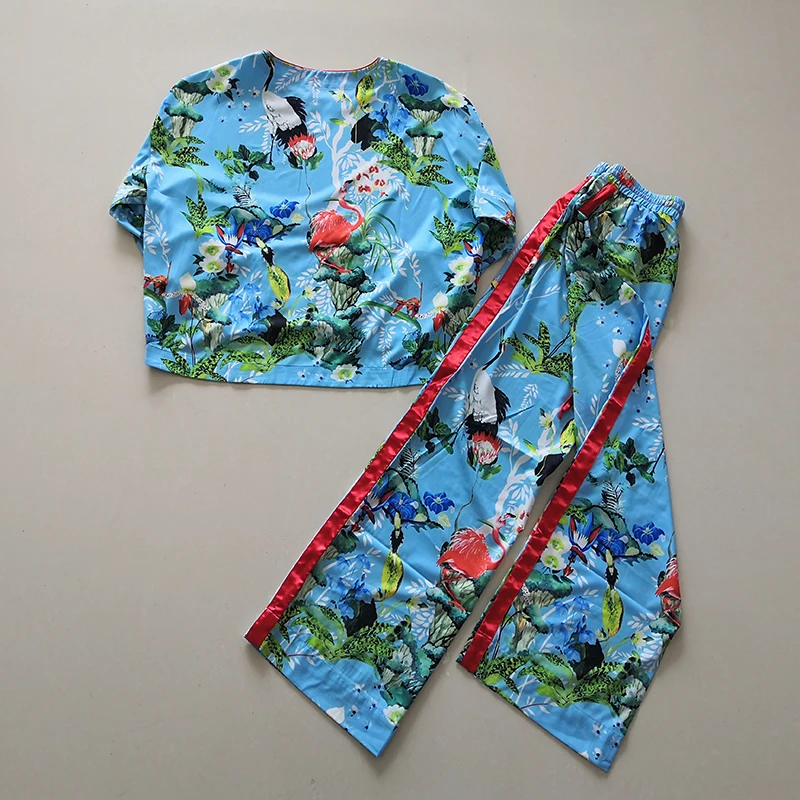 

Spring Summer Casual 2021 Flower Birds Print Loose Blouse+Full Lenght Elastic Pants Fashion 2 Pieces Sets XXL
