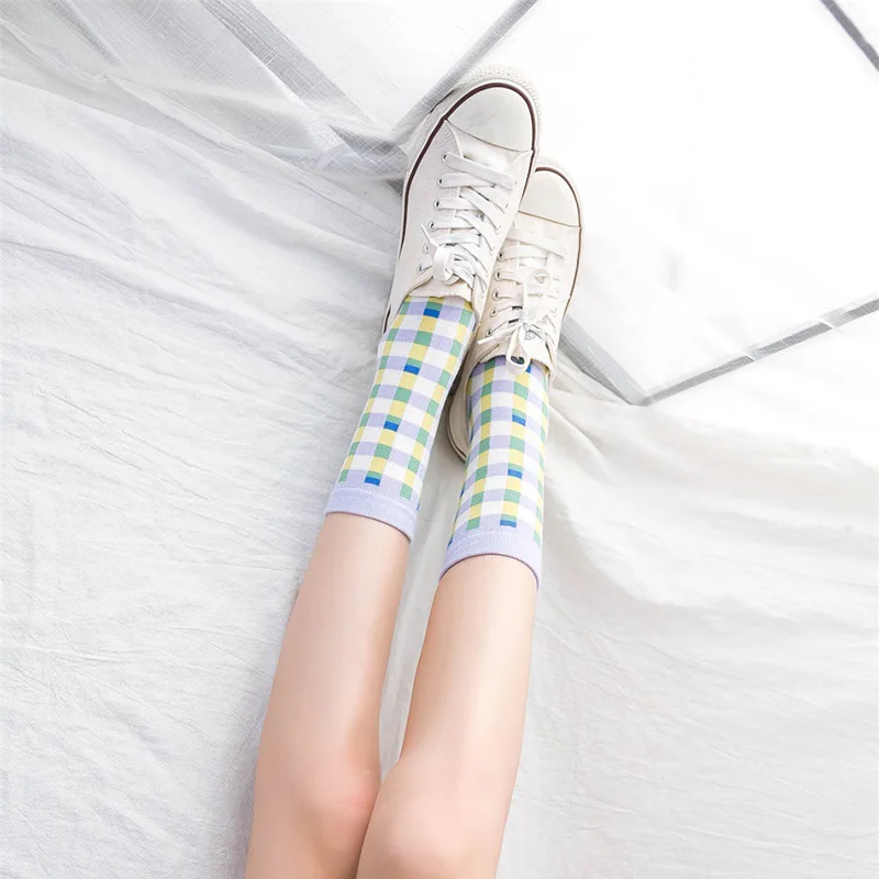 

Korean Fashion Ins Plaid Flower Thin Section Cute Socks Cotton Medium Tube Green Socks Female Crimping Four Seasons Socks