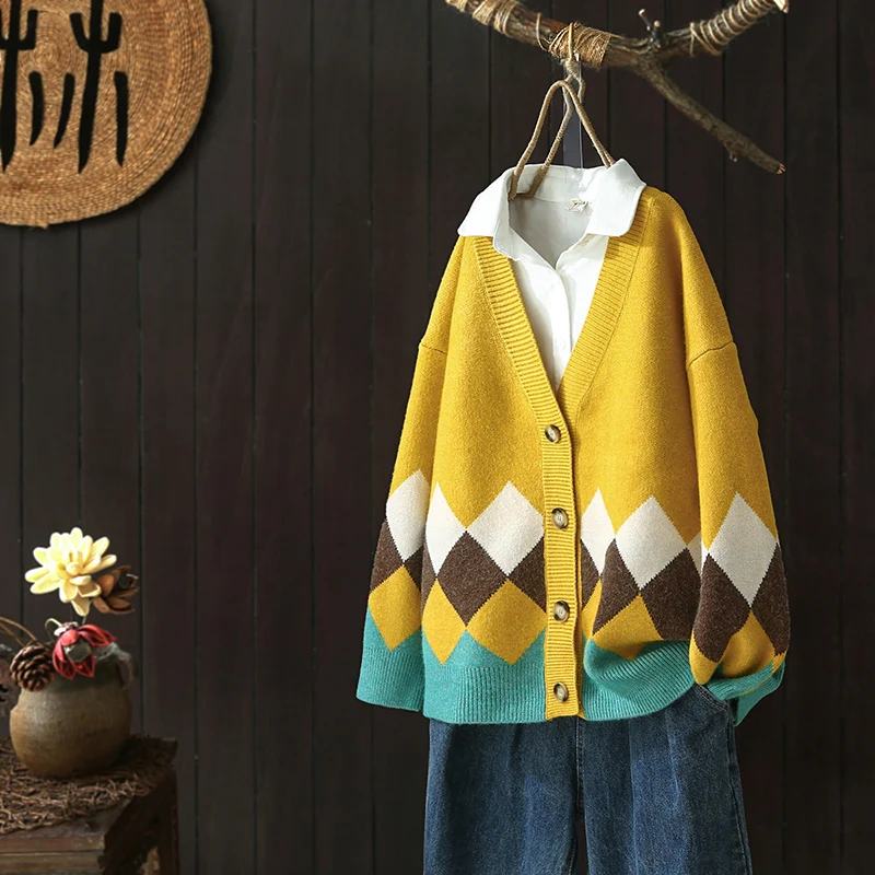 

Women Knitted Cardigans Sweater Fashion Autumn Long Sleeve Loose Coat Casual Button Thick V Neck Solid Female Tops 2022 Cloths