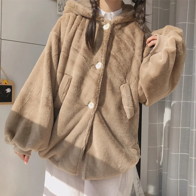 Winter Girl Cute Single-Breasted Thicken Soft Plush Coats For Women Vintage Long Sleeve Kawaii Jacket Jk Lolita Hooded Outweare
