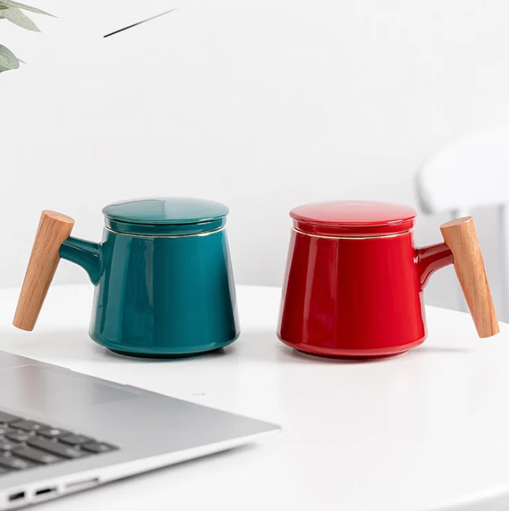 

Simple features multi color ceramic tea separation creative tea cup with wood handle anti scald carrying Mug