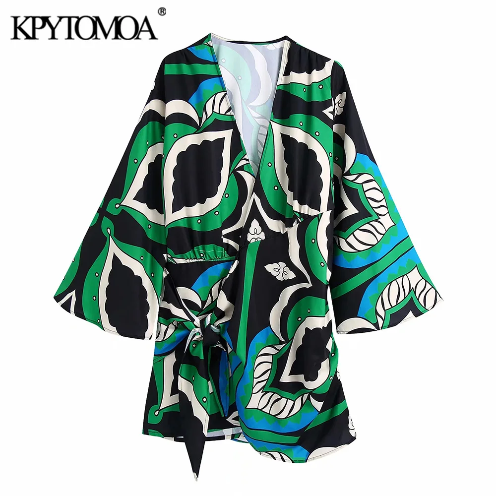 

KPYTOMOA Women Fashion With Knot Totem Print Wrap Mini Dress Vintage V Neck Long Sleeve Female Dresses Vestidos Mujer